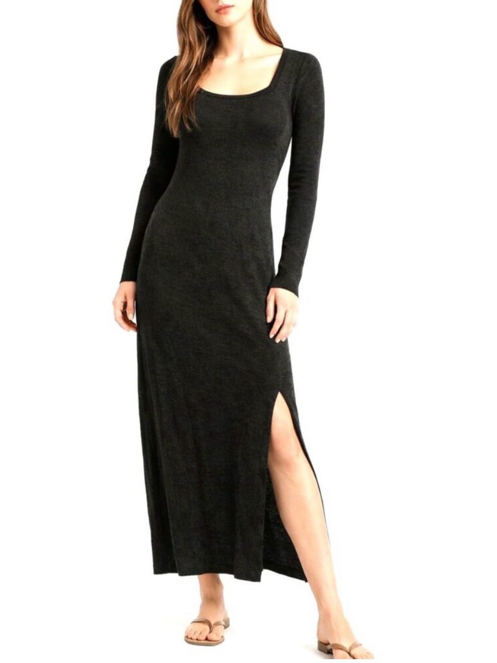 Free People Long Sleeve Black Knit Midi Dress with Side Slit
